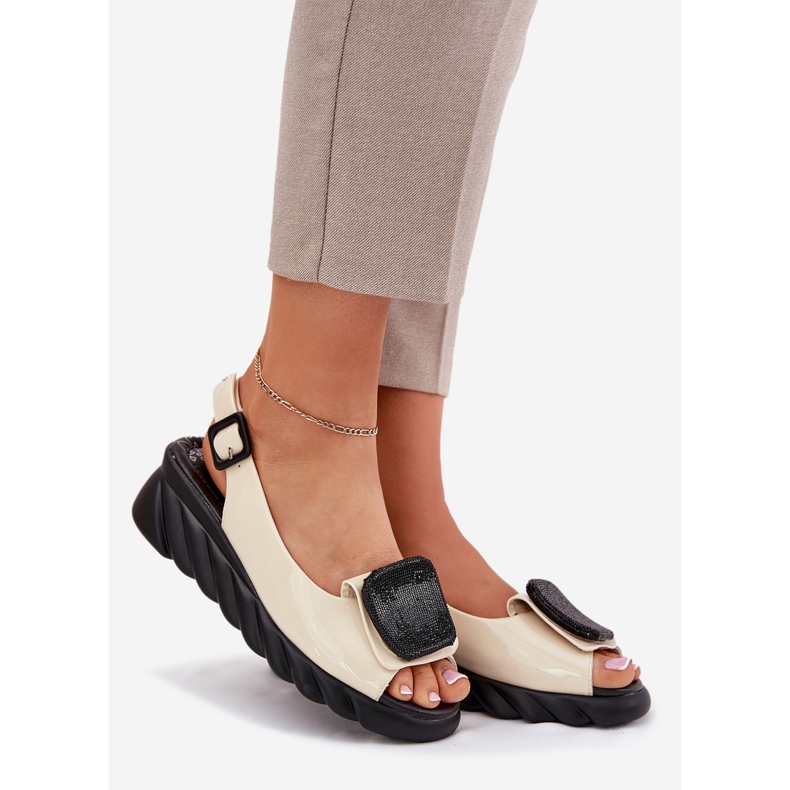 Leather lacquered women's sandals with ancient decoration Artiker 56C1567 beige 1