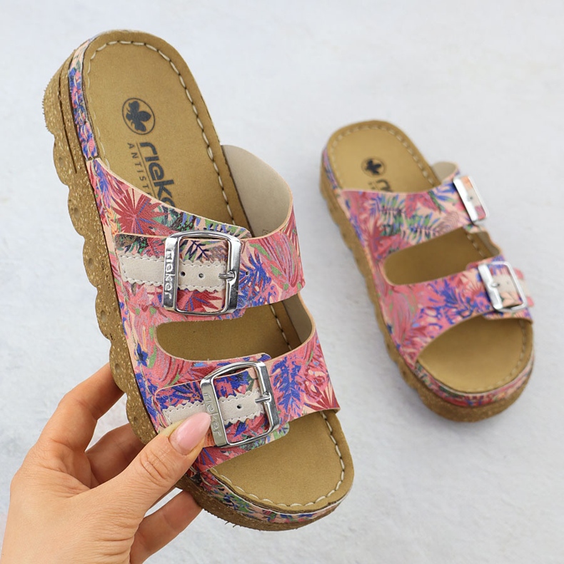 Women's slippers on the platform with pink buckles rieker v8751-90 1