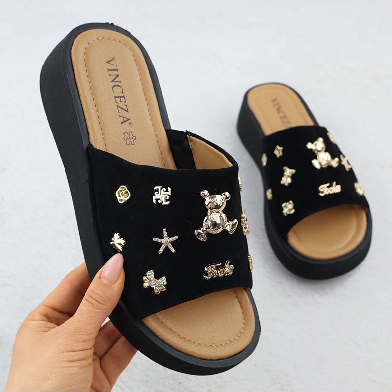 Women's leather wedges with decorations Black Vinceza 66741 1 Women's leather wedges with decorations Black Vinceza 66741 1