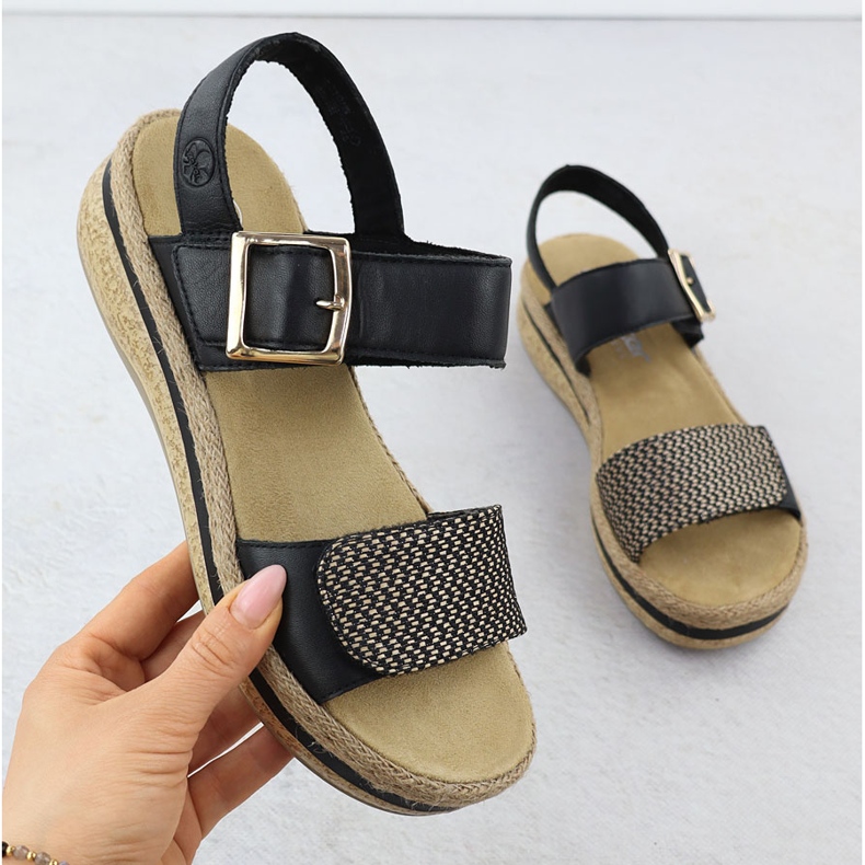 Women's leather sandals on wedge Velcro rieker v0951 black 1