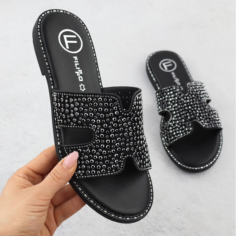 Women's flip flops with rhinestones black Filippo DK6973 1