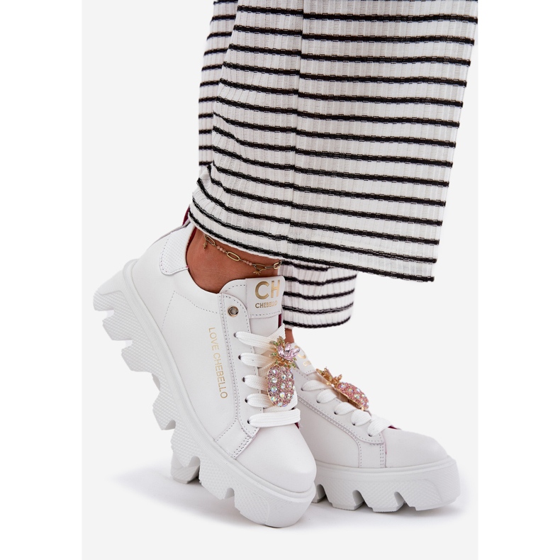 CheBello Leather sneakers with a decorative brooch Porabello 4651 white 1
