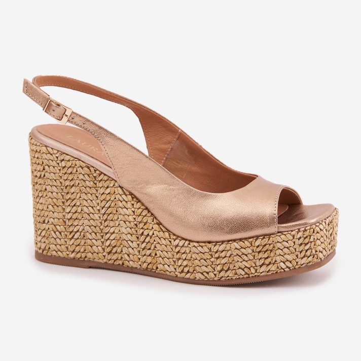 Women's leather sandals with wedge with Laura Messi braid 2789 zlotys golden 1 Women's leather sandals with wedge with Laura Messi braid 2789 zlotys golden 1