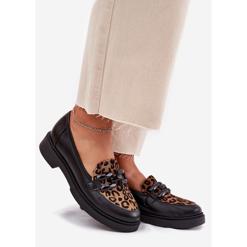 Leather loafers with an ornament and leopard print Laura Messi 2965 black 1 Leather loafers with an ornament and leopard print Laura Messi 2965 black 1