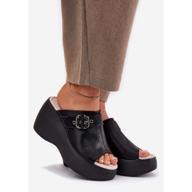 S.Barski Women's leather flip flops on the platform and wedge with buckle S. Barski LR51-542 Black 1