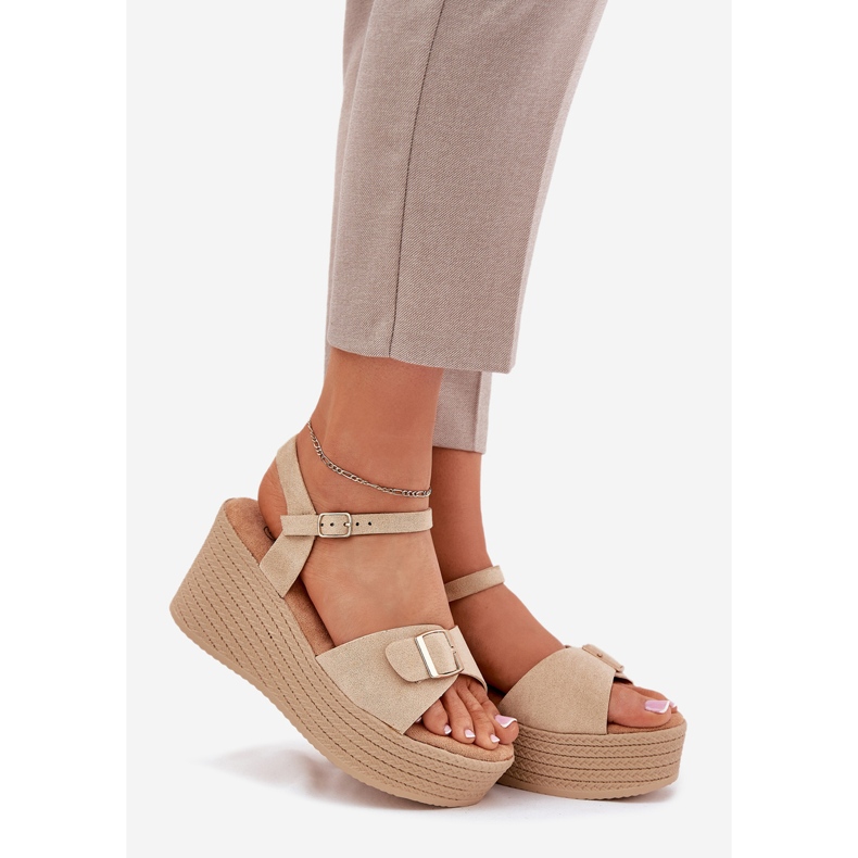 Inna Women's sandals on wedge with khaki buckle beige 1