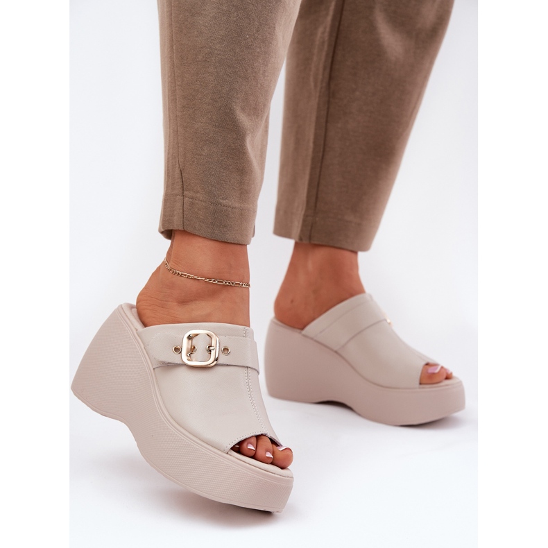 Women's leather flip flops on the platform and wedges with buckle s.barski LR51-542 beige 2