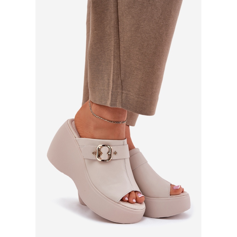 Women's leather flip flops on the platform and wedges with buckle s.barski LR51-542 beige 1