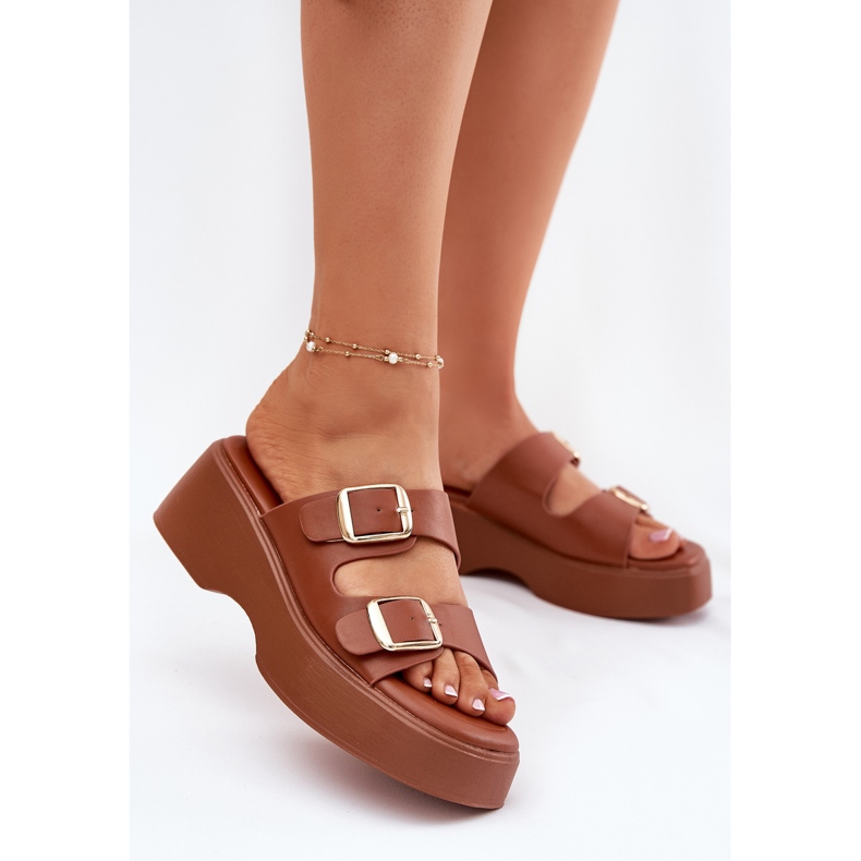 Inna Women's flip flops on wedge and platform with Camel buckles brown 2