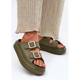 Inna Women's flip flops on the platform with golden buckles green 2