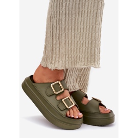 Inna Women's flip flops on the platform with golden buckles green 1
