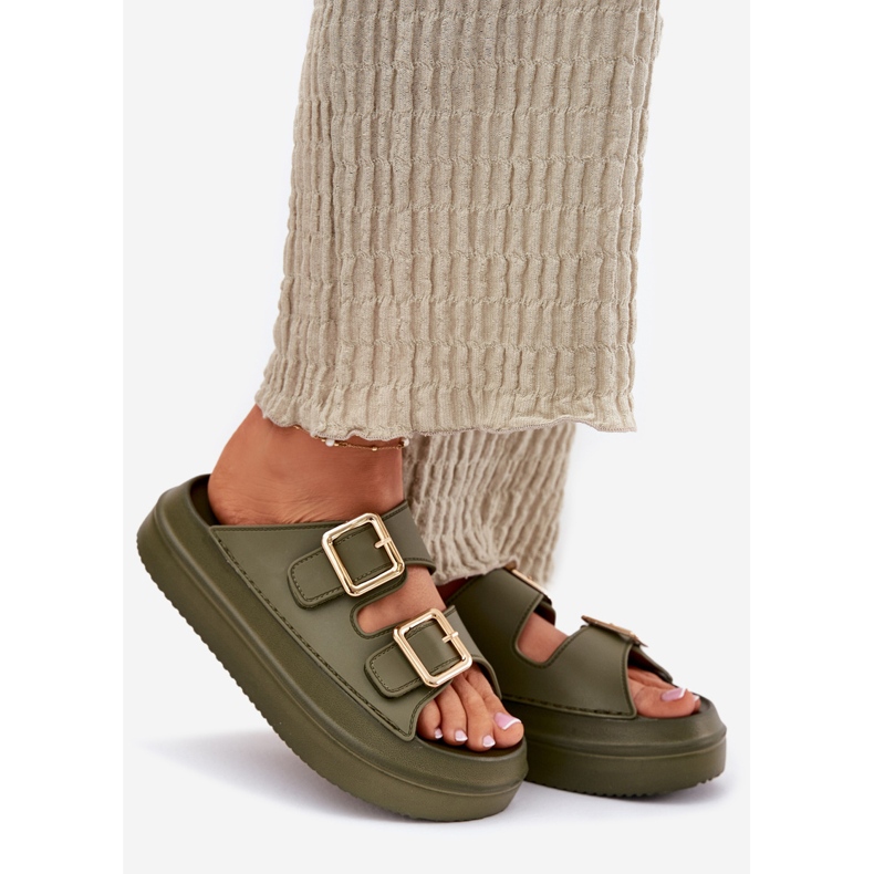 Inna Women's flip flops on the platform with golden buckles green 1