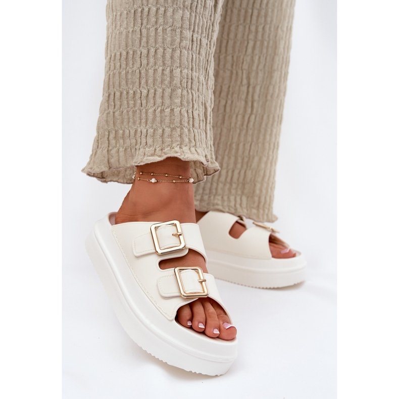 Inna Women's flip flops on the platform with golden ecru buckles white 2