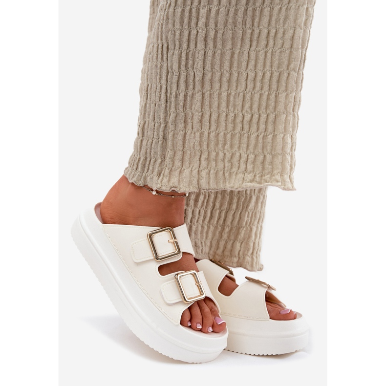 Inna Women's flip flops on the platform with golden ecru buckles white 1