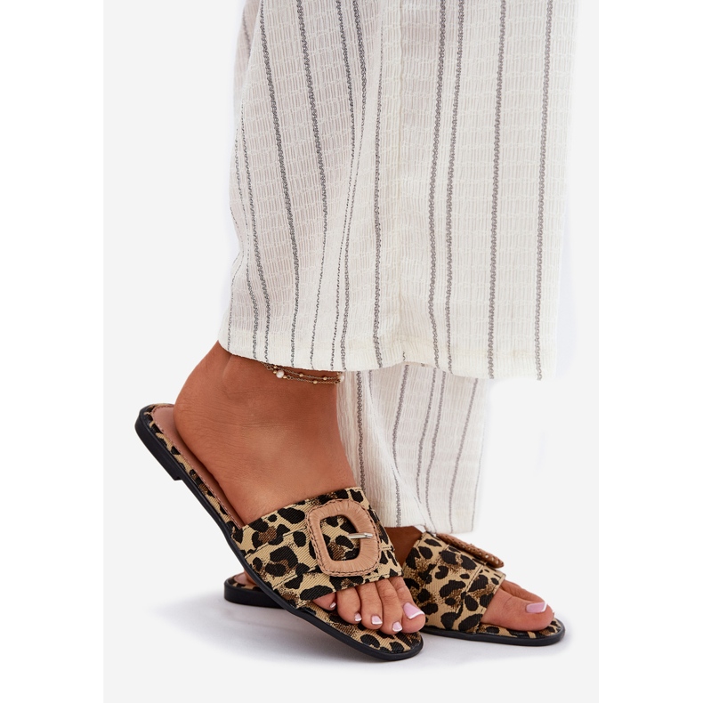 Inna Flat women's flip flops with a decorative leopard buckle brown 1