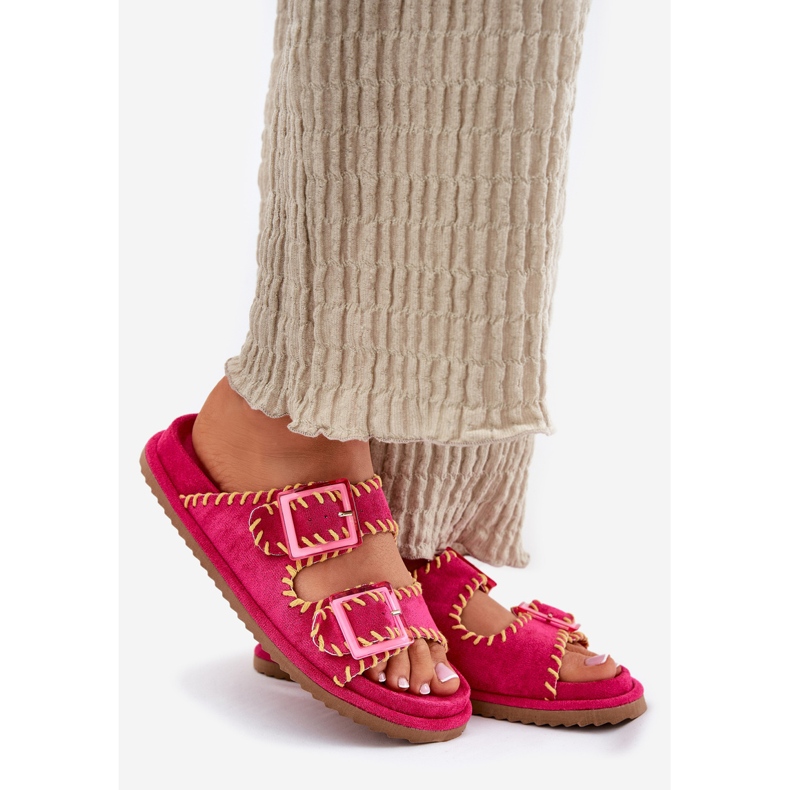 Inna Women's flip flops with buckles and a decorative hem of fuchsia pink 1