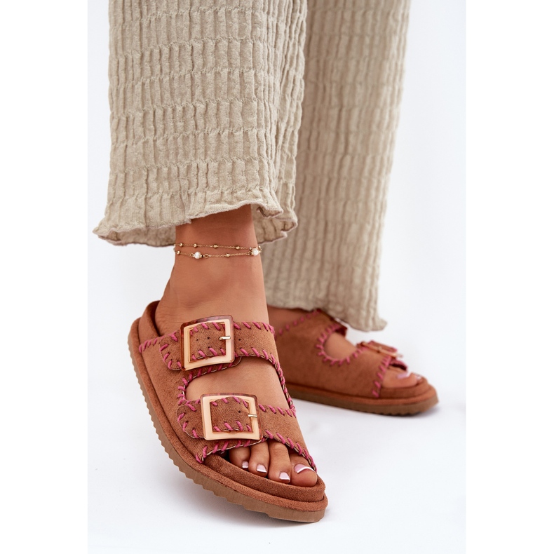 Inna Women's flip flops with buckles and decorative Camel brown 2