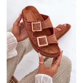 Inna Women's flip flops with buckles and decorative Camel brown 8
