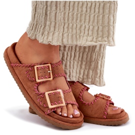 Inna Women's flip flops with buckles and decorative Camel brown 9