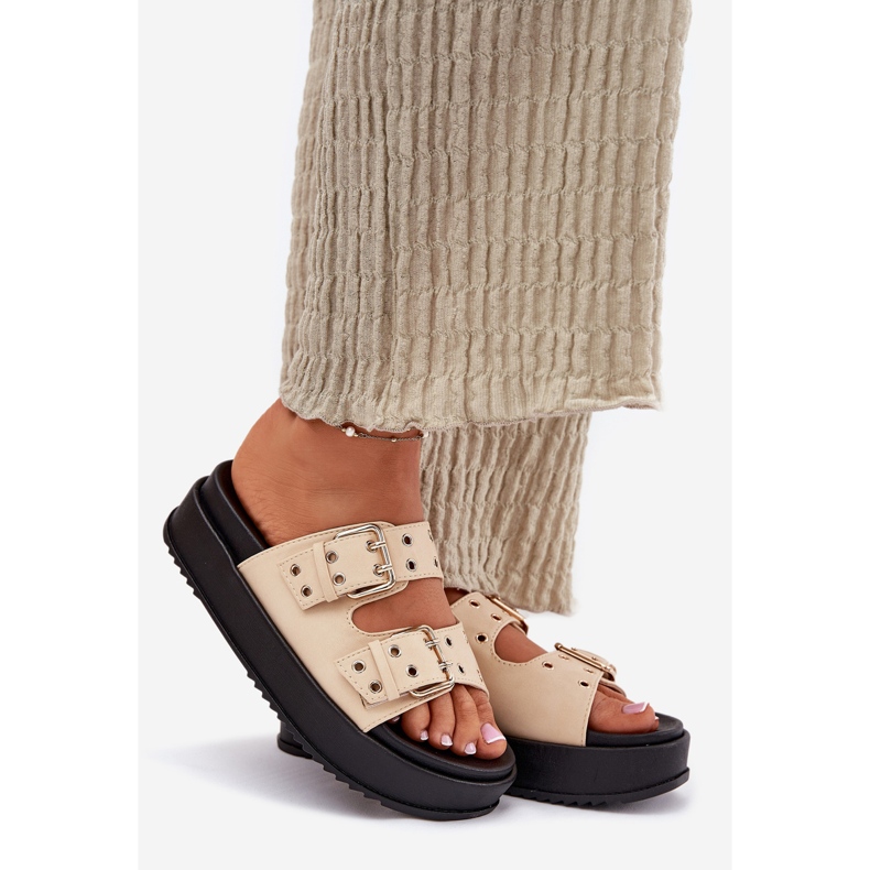 Inna Women's flip flops with buckles on the platform beige 1 Inna Women's flip flops with buckles on the platform beige 1