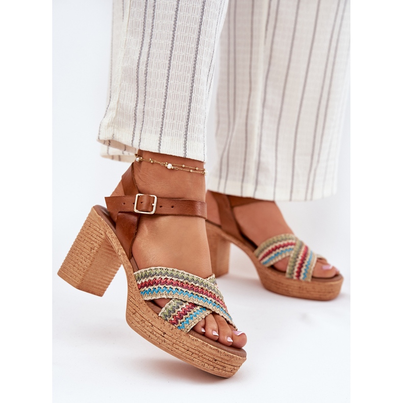Leather sandals on the pillar with braid on Zazoo 40460 brown stripes 2