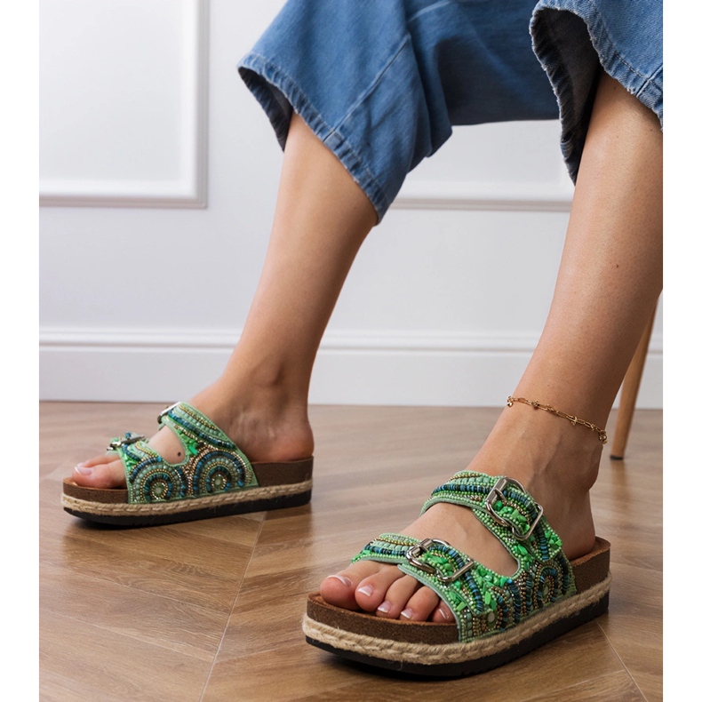 Green ethnic flip flops with clamps on stripes 1 Green ethnic flip flops with clamps on stripes 1
