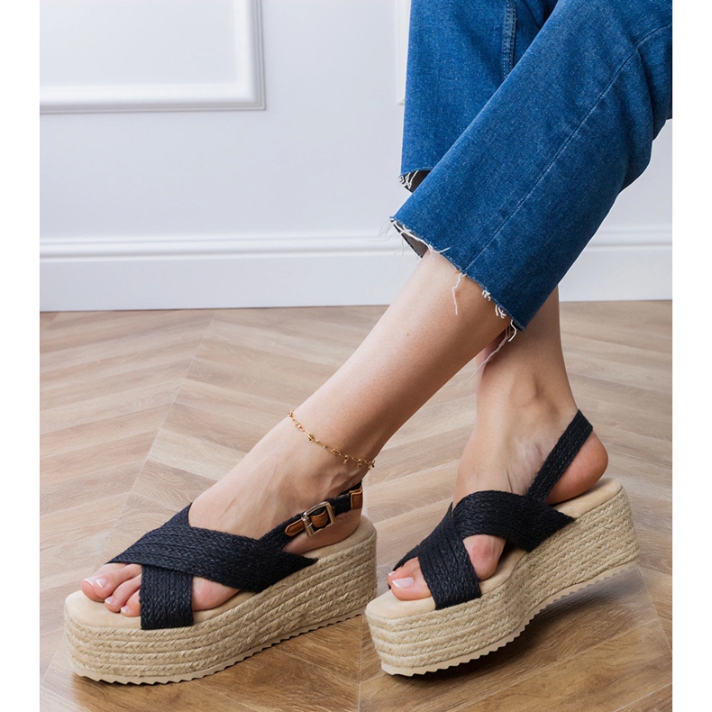 Black espadrilles sandals on the platform with stripes 1