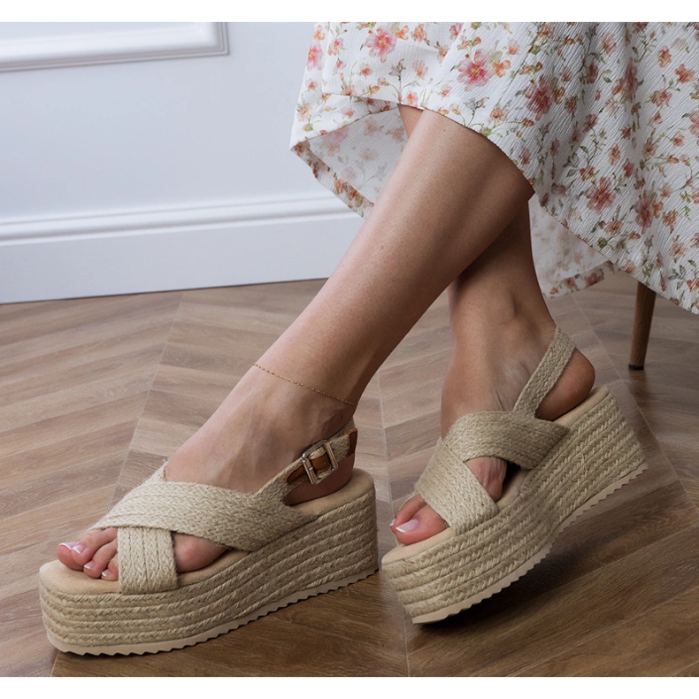 Beige espadrilles sandals on a platform with stripes 2