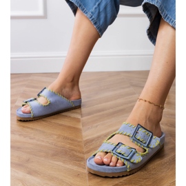 Blue flip flops with clamps and embroidery on stripes 1