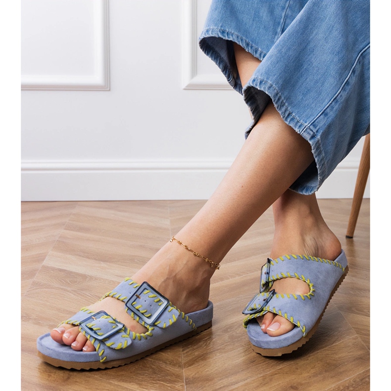 Blue flip flops with clamps and embroidery on stripes 2