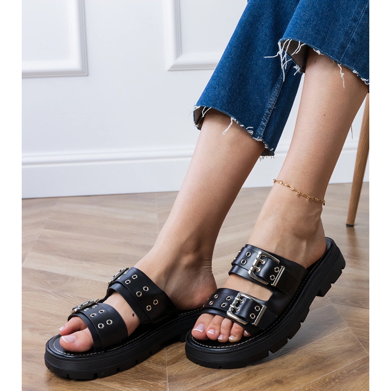 Black flat flip flops with clamps on stripes 2