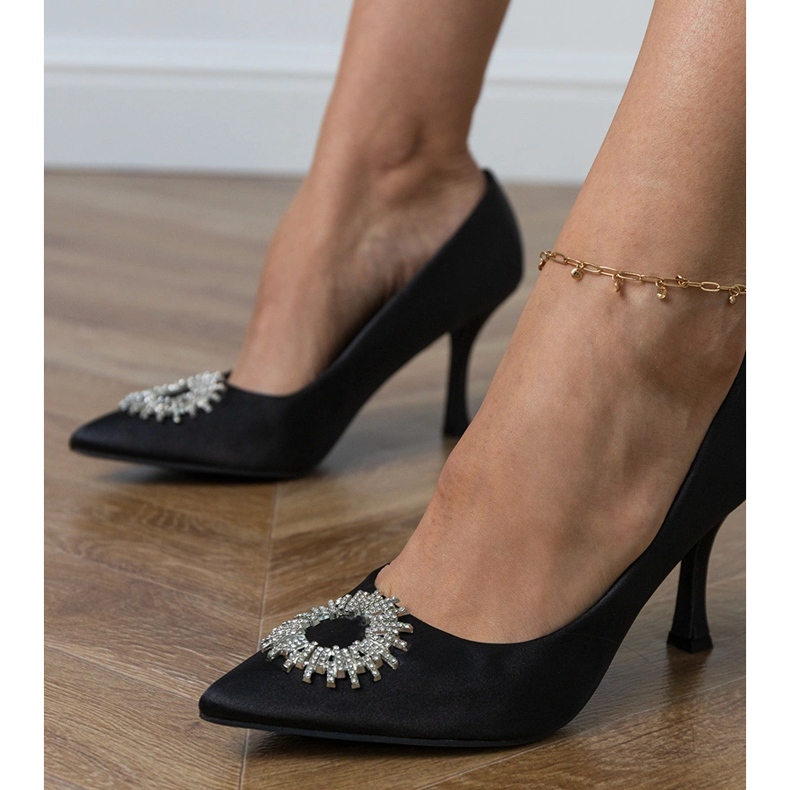 Black satin pumps with zircons 2