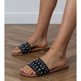 Black flat flip flops with rhinestones on the belt 1