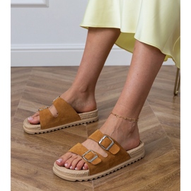 Brown flat flip flops with stripes clamps 1