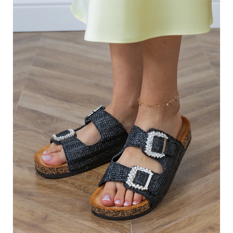 Black flip flops on the cork sole with zircons on the buckles 2