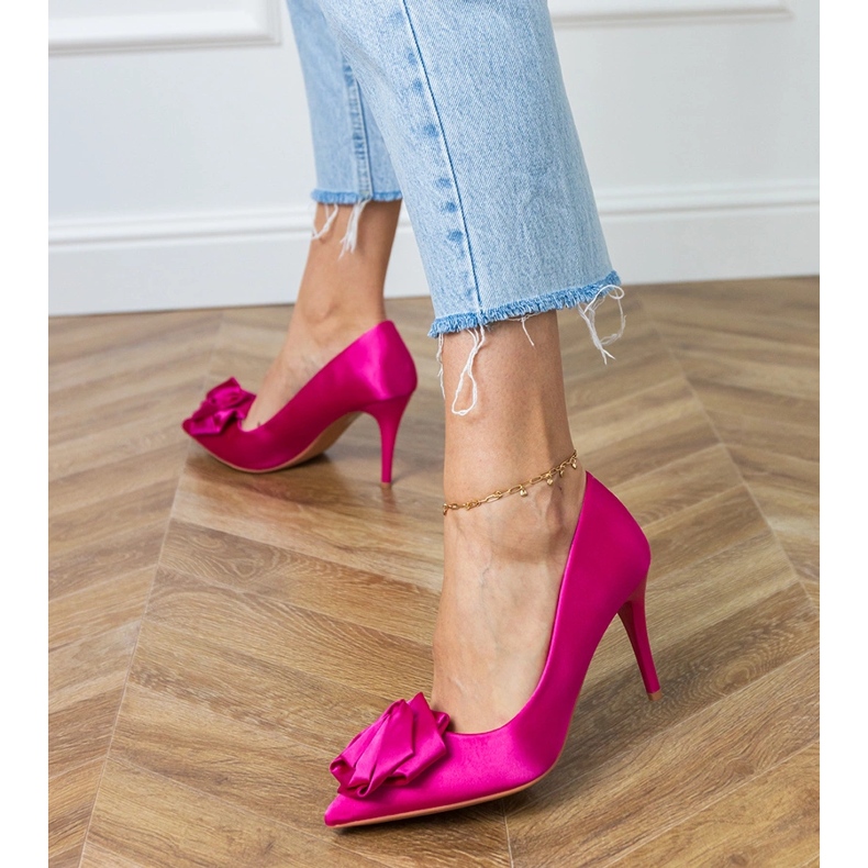 Pink satin pumps with a flower 2