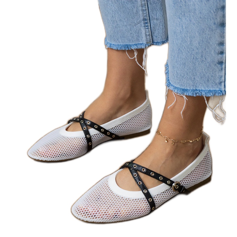 White mesh ballerinas with a decorative buckle 2