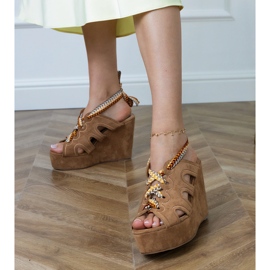 Brown wedge sandals with decorative lacing 1