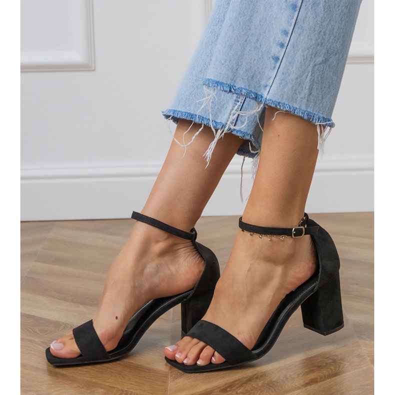 Black sandals with a belt and a square nose on the post 1