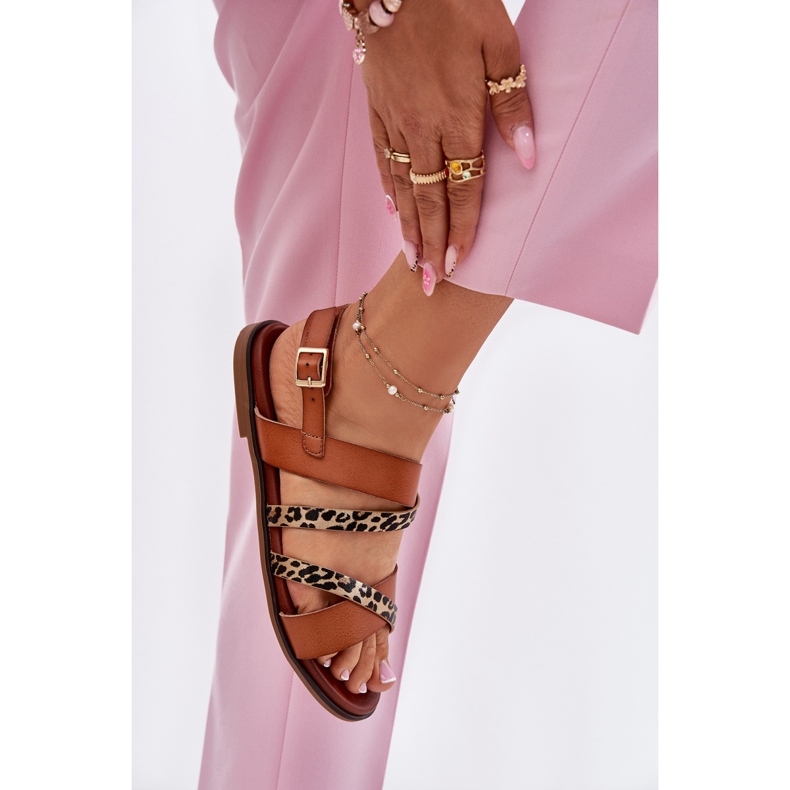 Flat -heeled women's sandals with leopard leopards Sergio Leone SK086H CAMEL stripes brown 2