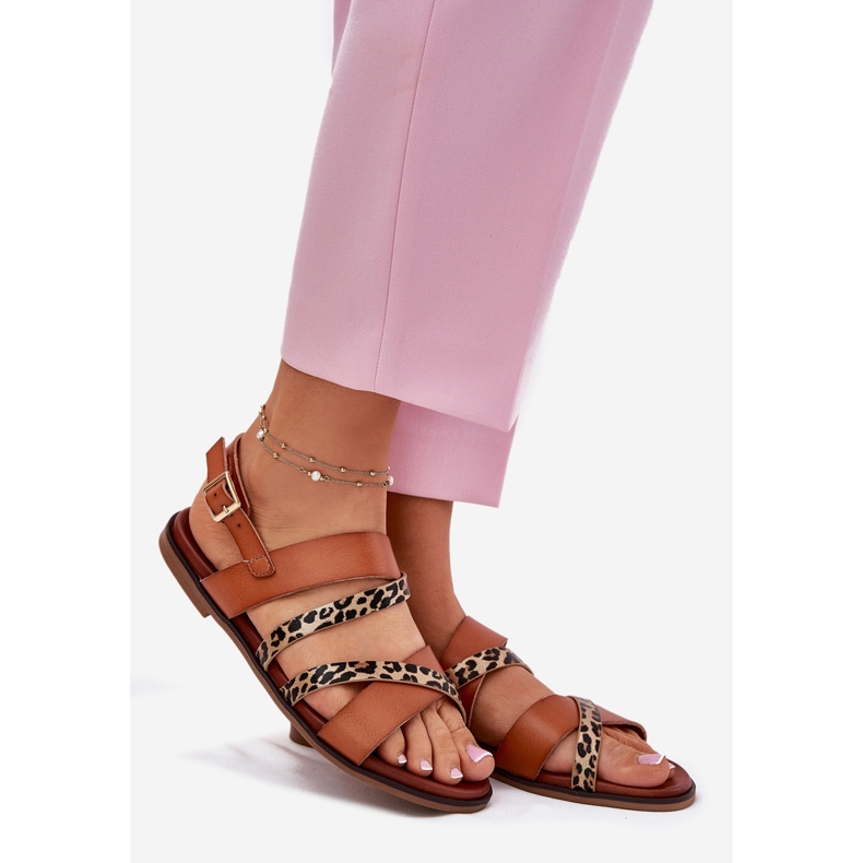 Flat -heeled women's sandals with leopard leopards Sergio Leone SK086H CAMEL stripes brown 1