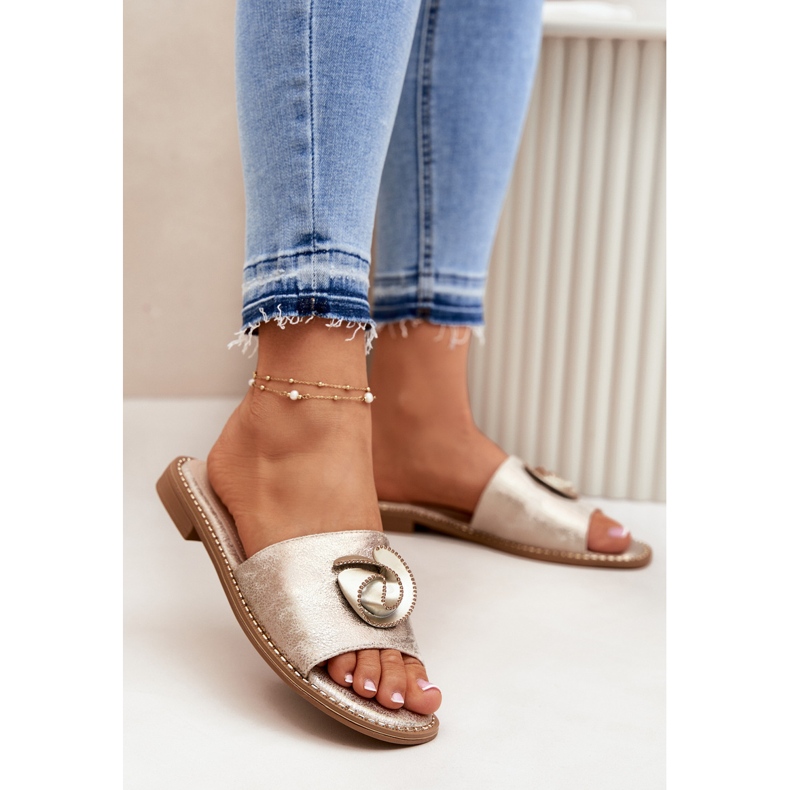 S.Barski Flat-heeled women's flip flops with a decorative KV51-007 zloty detail golden 2