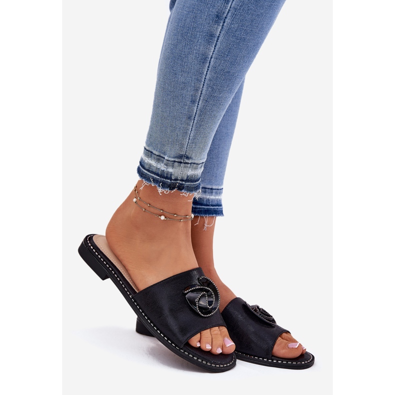 S.Barski Flat-heeled women's flip flops with decorative KV51-007 black detail black 1