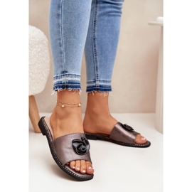 S.Barski Flat-heeled women's flip flops with decorative KV51-007 graphite detail silver 2