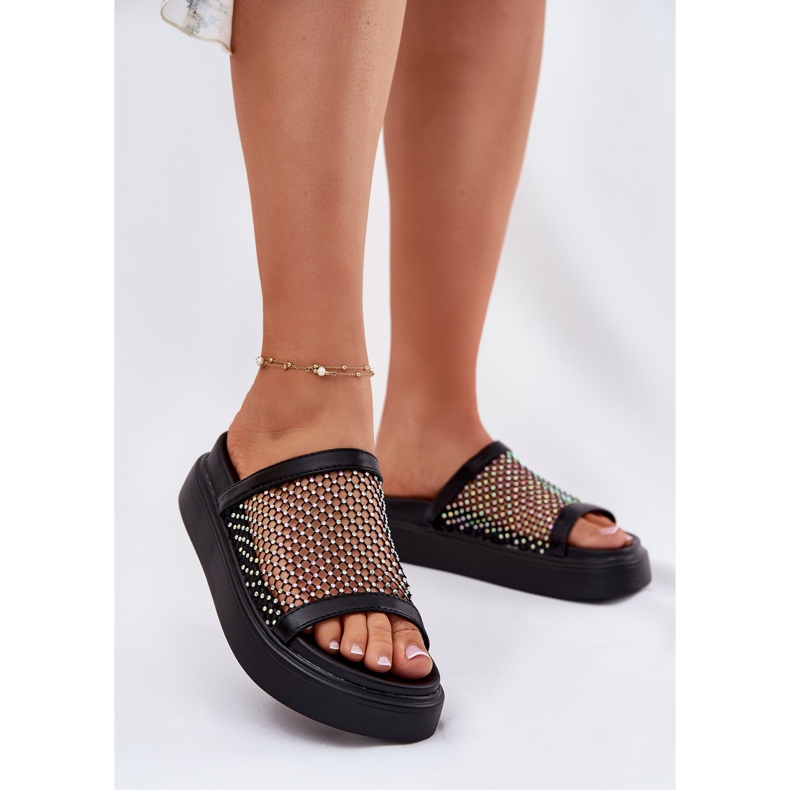 S.Barski Decorated women's flip flops on the platform with mesh S. Barski My51-016 black 2