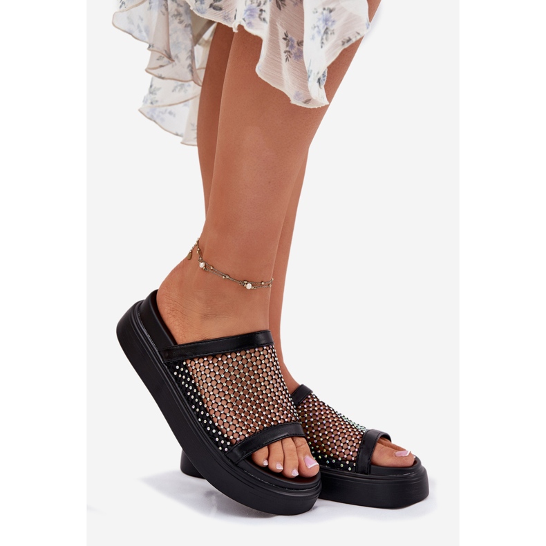 S.Barski Decorated women's flip flops on the platform with mesh S. Barski My51-016 black 1