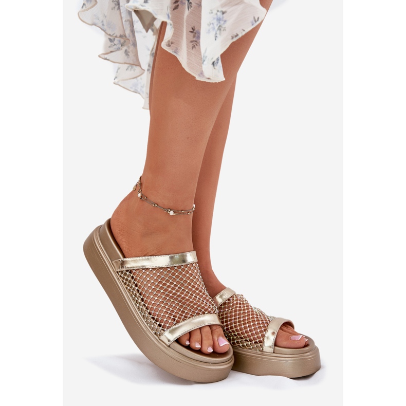 S.Barski Decorated women's flip flops on the platform with mesh S. Barski My51-016 Złote golden 1