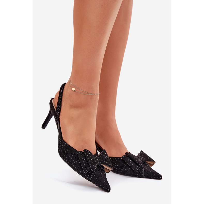 Decorated high heels with an open heel and black bow 1