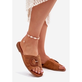 Flat -heeled women's flip flops with Camel buckle brown 1