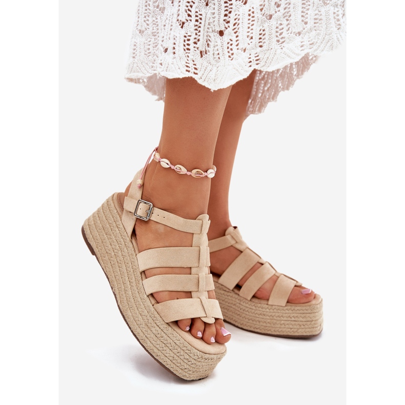 Women's sandals with stripes and braid beige 1